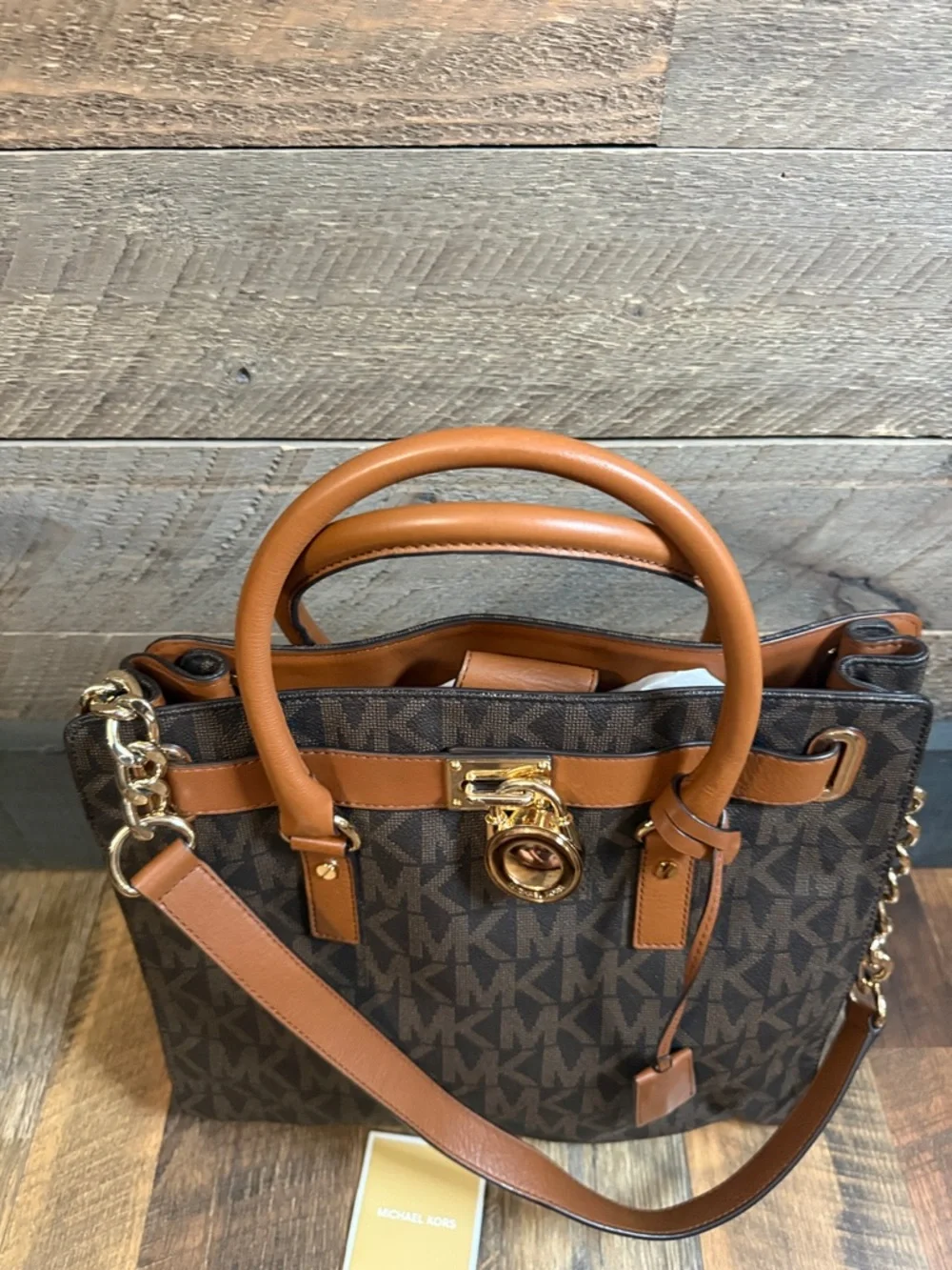 Michael Kors Hamilton Large Tote Brown MK Logo Leather Trim Like New w/ Strap